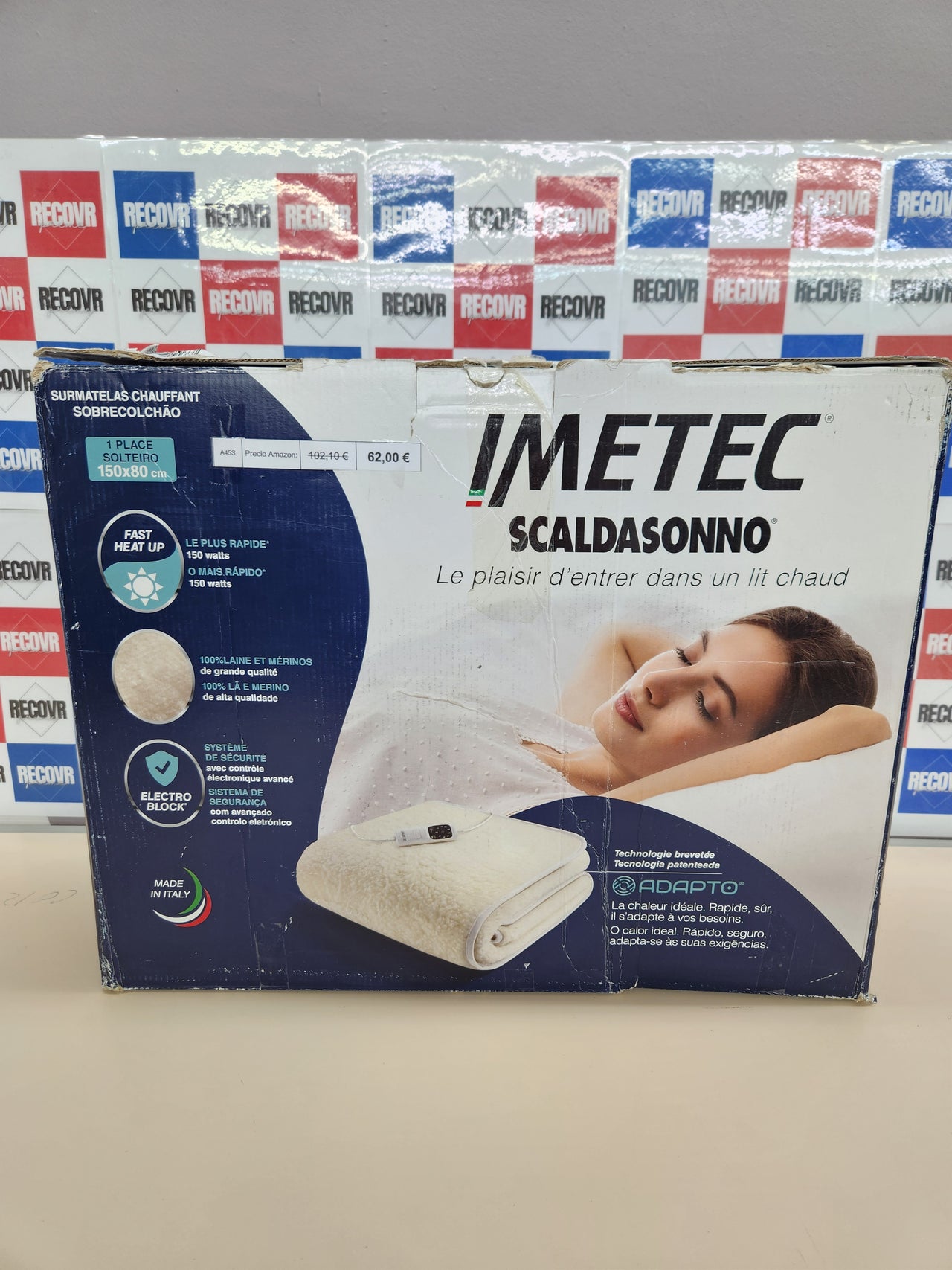 Imetec Adapto - Calientacamas individual 150x80 cm, 100% lana y merino, tecnología patentada, rápido calentamiento, sistema de protección Electro Block, controlador con 6 niveles de temperaturas