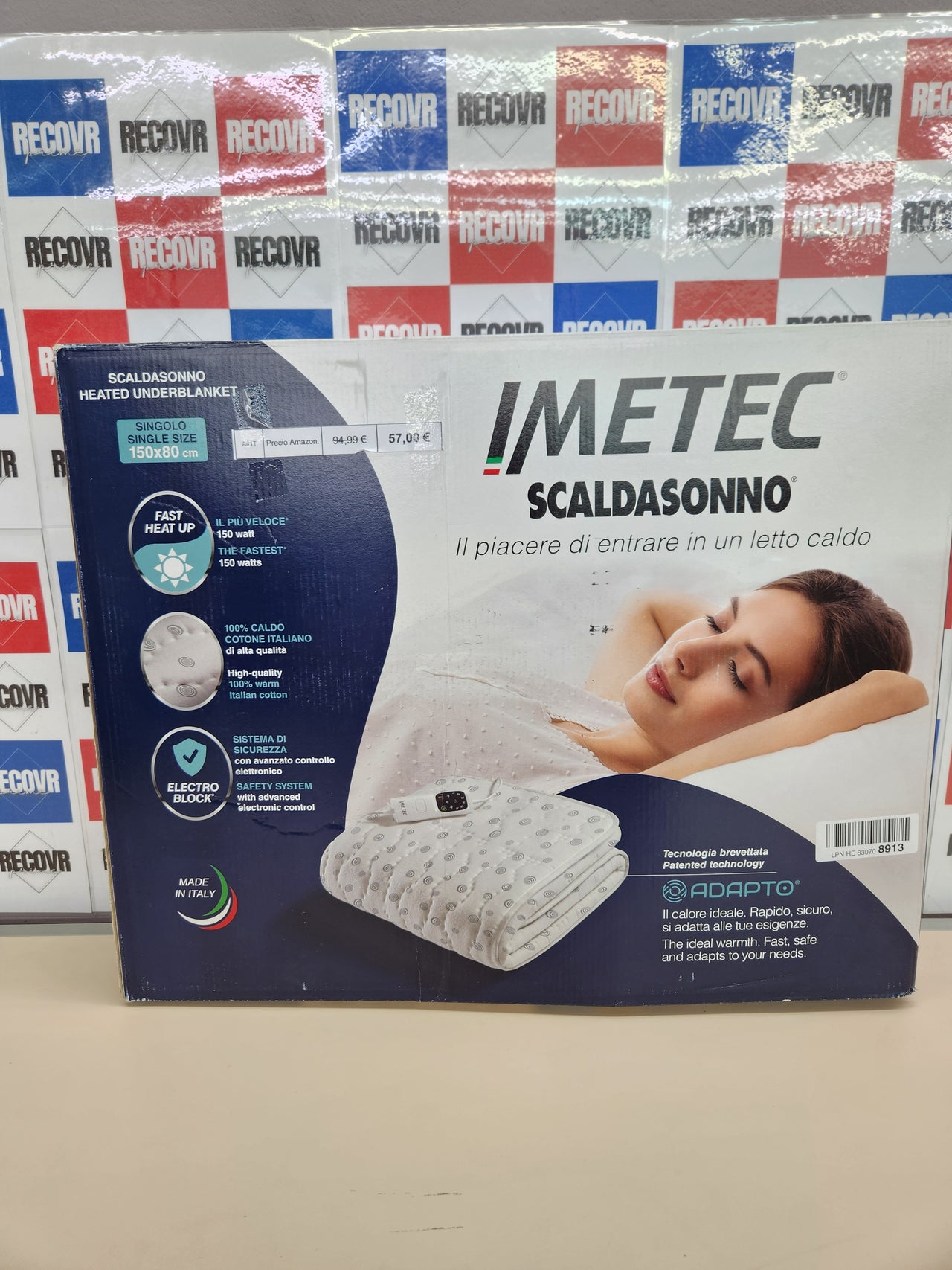 Imetec Adapto Calientacamas individual 150x80 cm, 100% algodón, tecnología patentada, rápido calentamiento, sistema de protección Electro Block, 2 mandos con 6 niveles de temperaturas