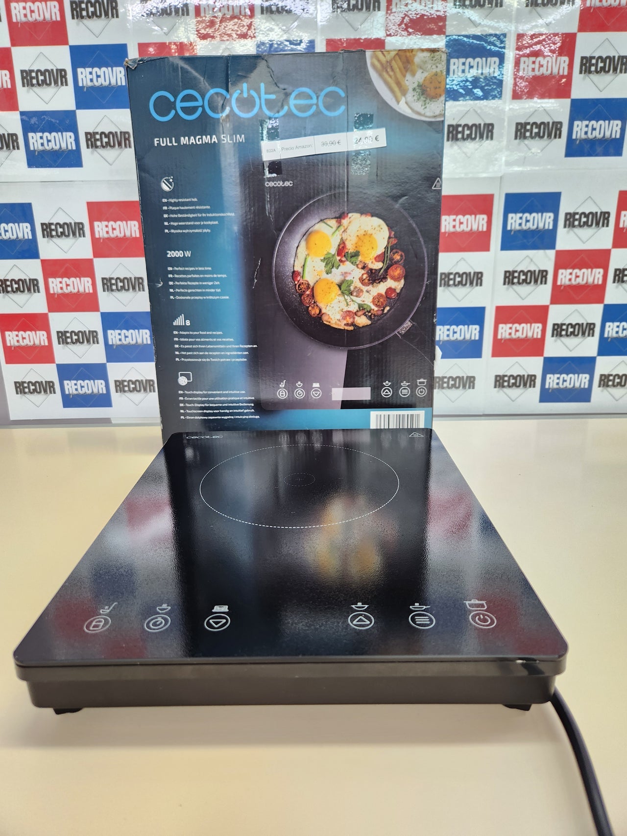 Placa Inducción 2000W, 1 Fuego Full Magma Slim.  8 Niveles, Diseño en Cristal de Alta Resistencia, Display Táctil, Temporizador, Fácil Limpieza Cecotec
