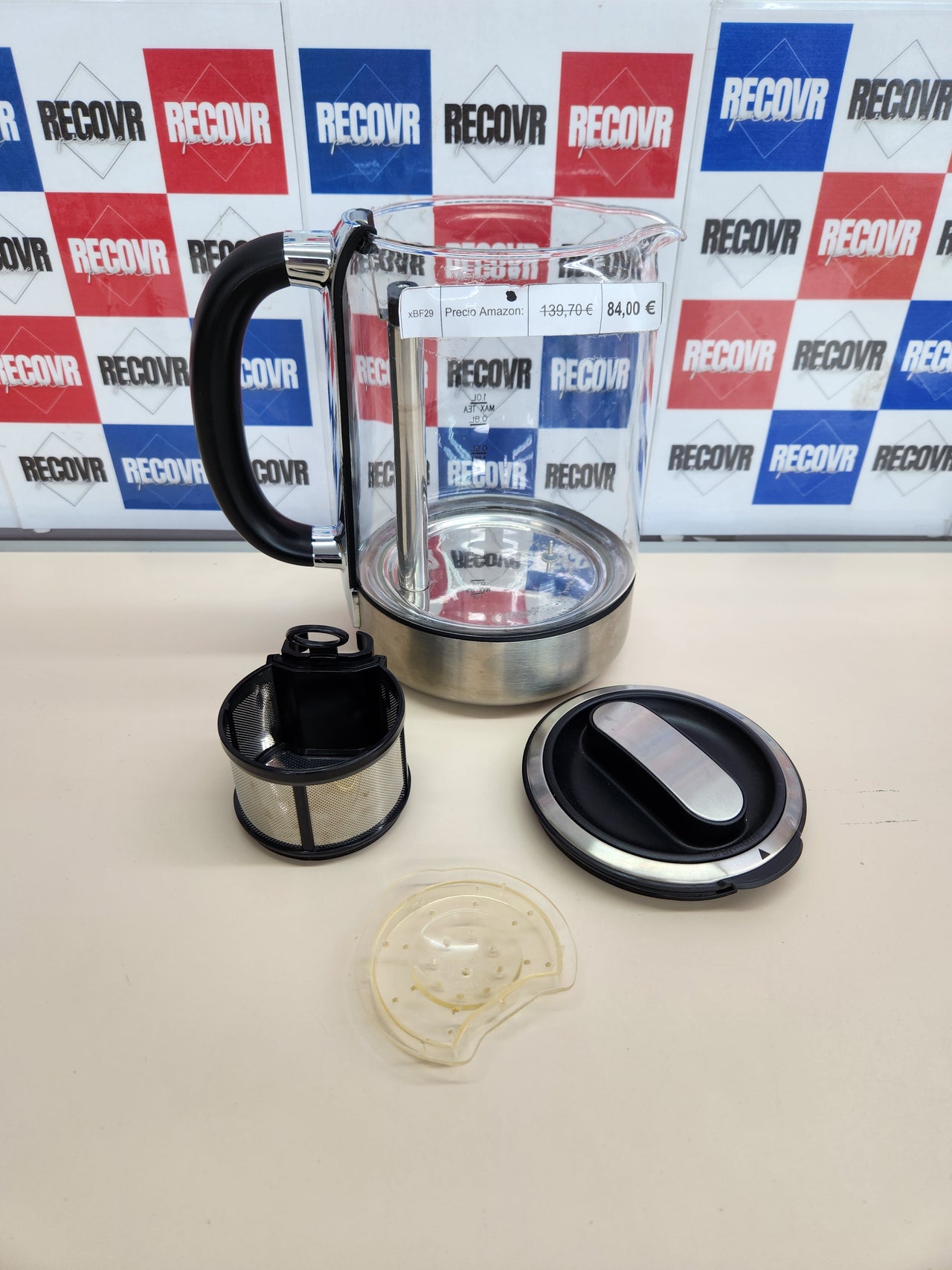 Tetera de vidrio 2200 W 1.7L con colador de té completamente automático de grado 1.3, vidrio de borosilicato de cierre suave, sin BPA,  selección de temperatura de volumen, negro/plateado Emerio WK-122248 Ganador de la prueba