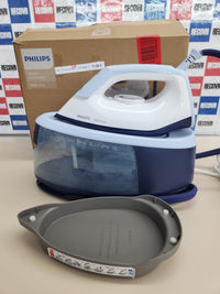 Centro planchado 2400W Serie 3000, vapor continuo 120 g/min, golpe de vapor 350 g, rápido y potente, vapor vertical, 1.4 l de depósito, suela de cerámica, Deep Azur (PSG3000/20) Philips