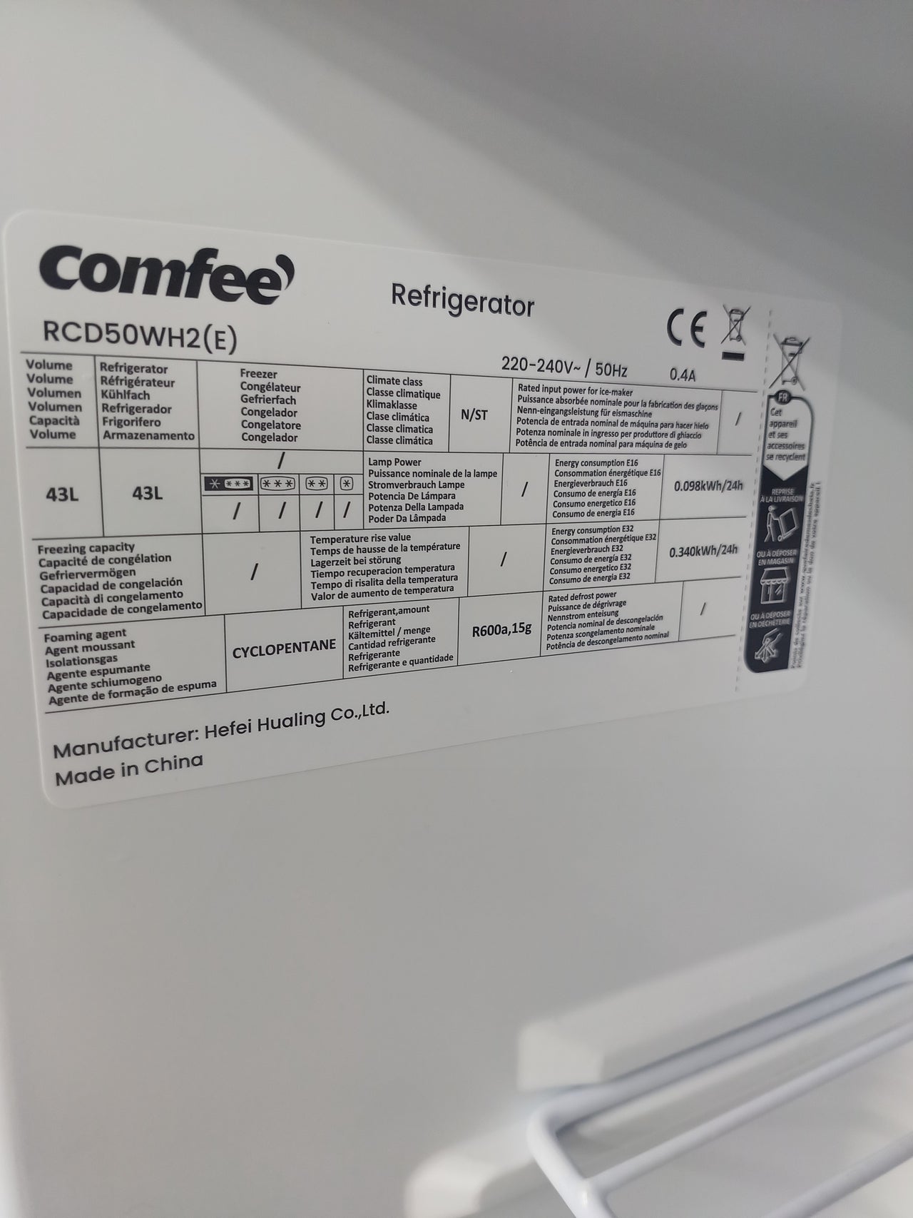 Comfee' RCD50WH2(E) Mini Frigorífico 43L47x45 x 49 cm
