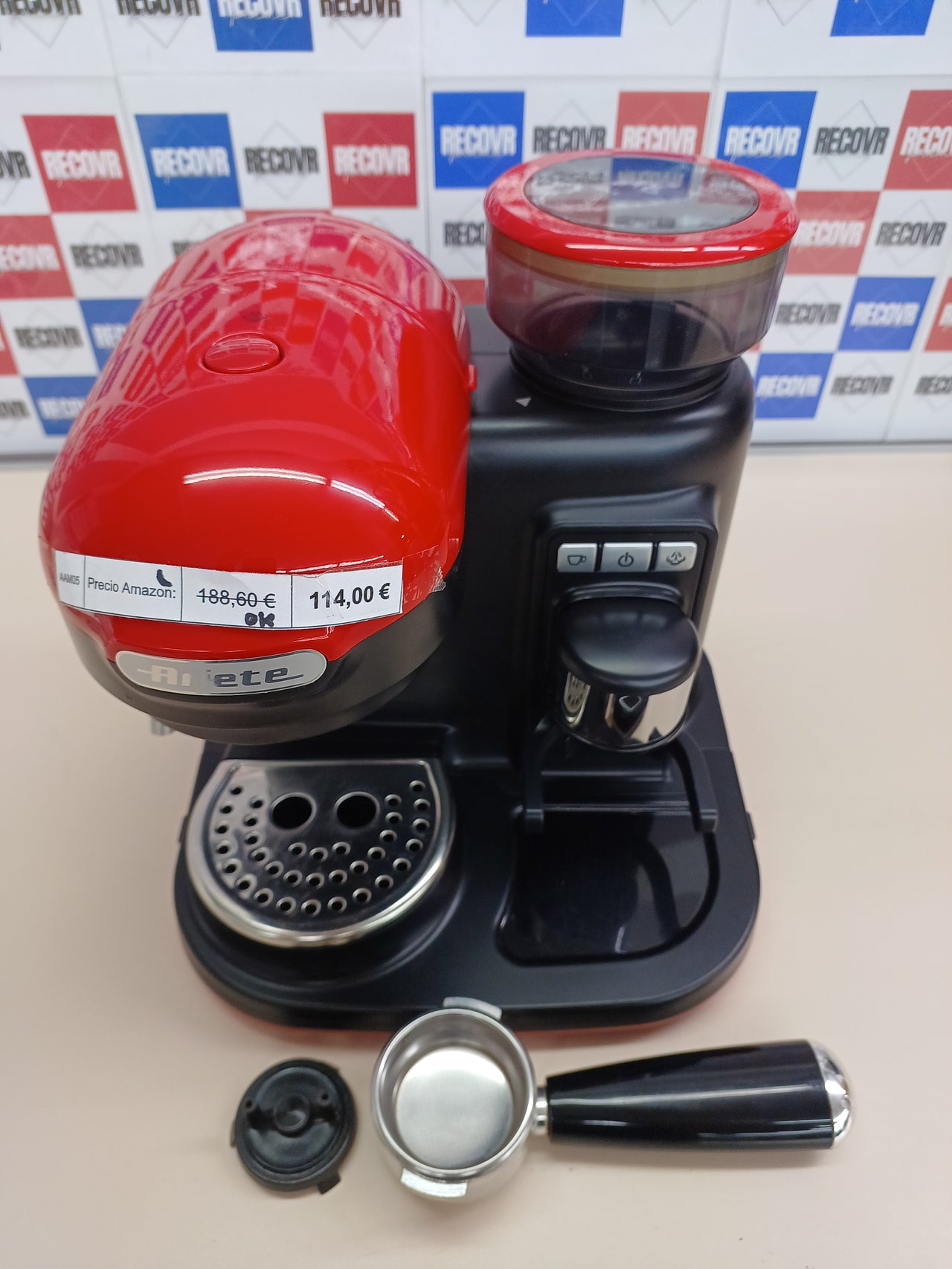 Ariete 1318 Cafetera Espresso Moderna con Molinillo de Café Integrado, 15 Bares De Presión, 0.8 Litros, Apagado Automático, Depósito Molinillo 250 g, Color Rojo