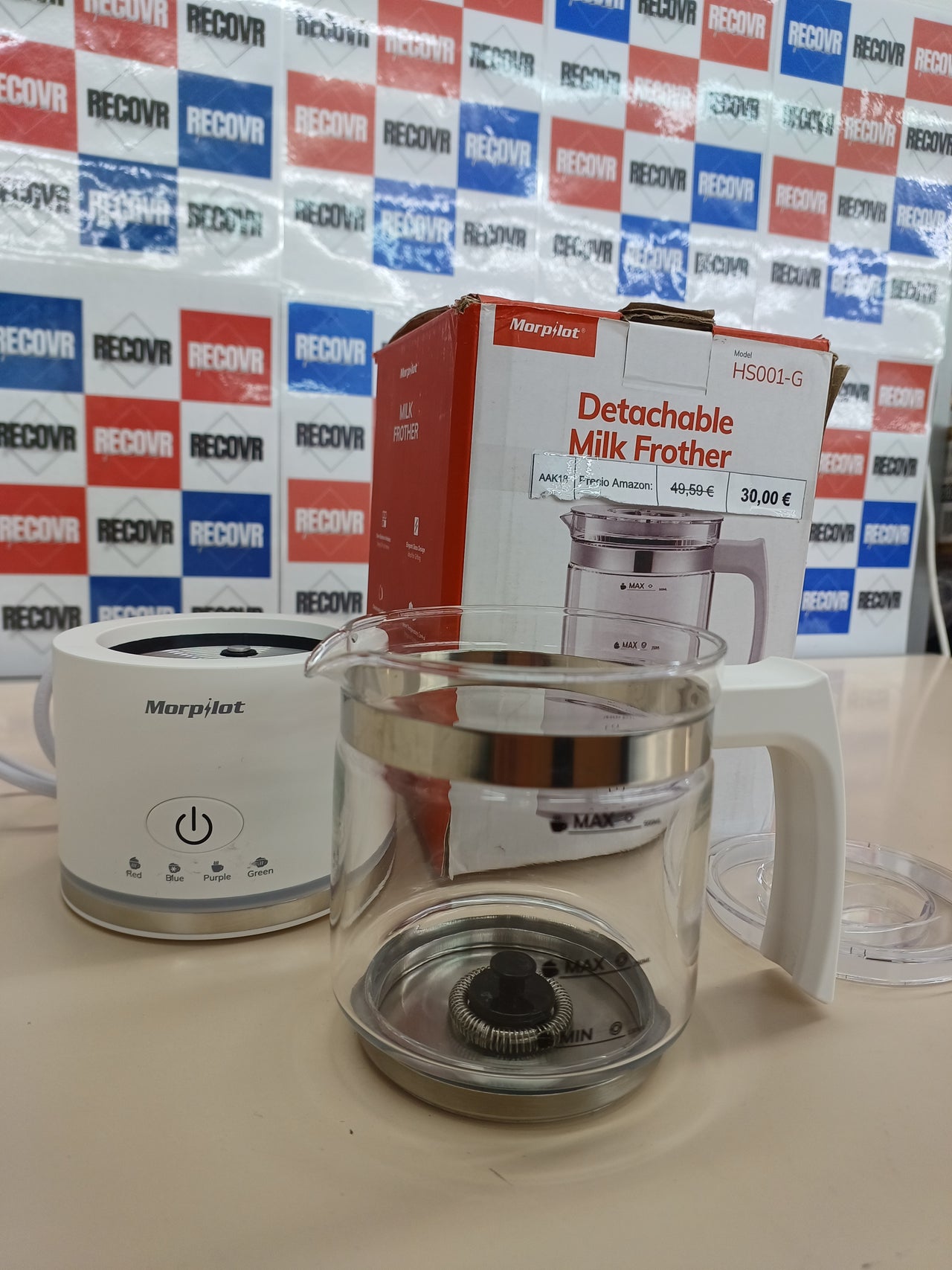 Morpilot Espumador de leche eléctrico, Milk Frother de cristal, bonito para ver, 4 en 1 función, capacidad 250 ml capuchino o 300 ml leche caliente, diseño dividido, blanco