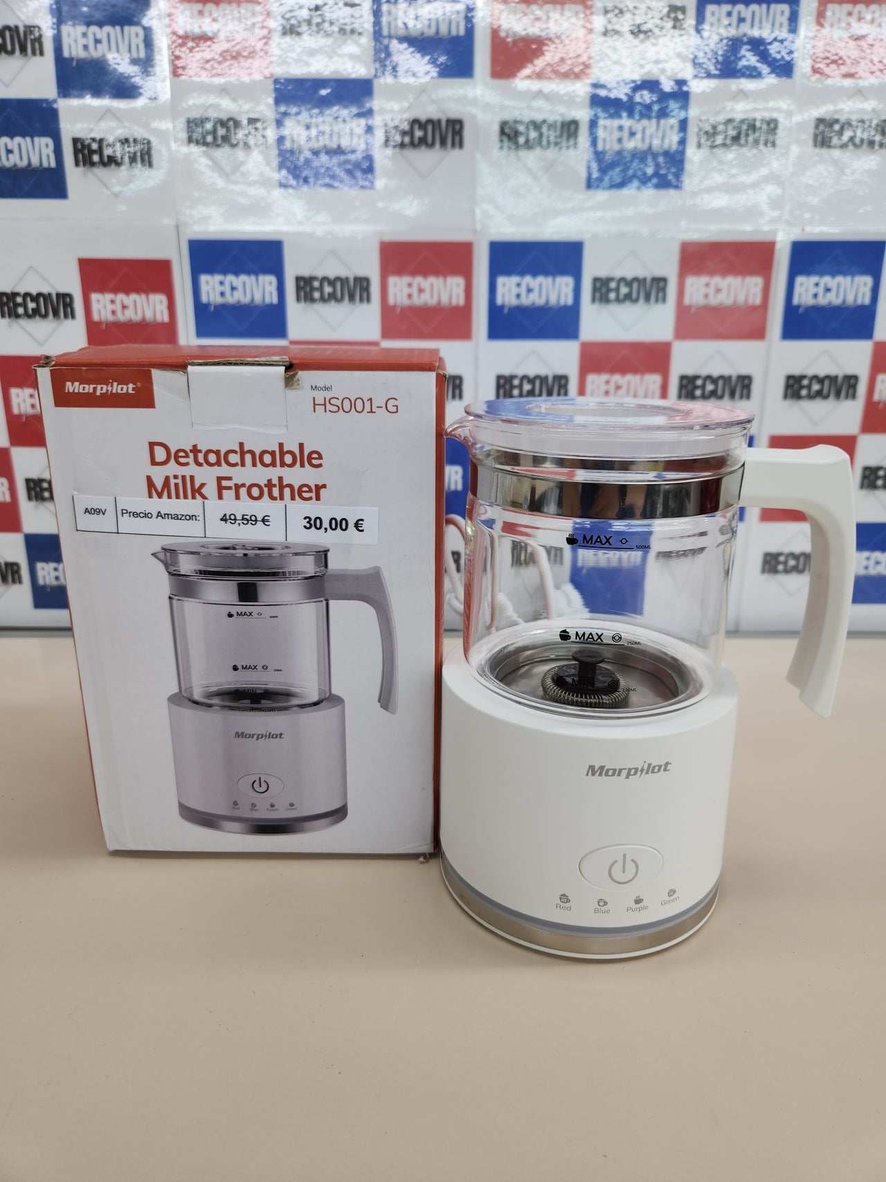 Espumador 50 ml 4 en 1 función,de leche eléctrico, Milk Frother de cristal, bonito para ver, 2apuchino o 300 ml leche caliente, diseño dividido, blanco Morpilot