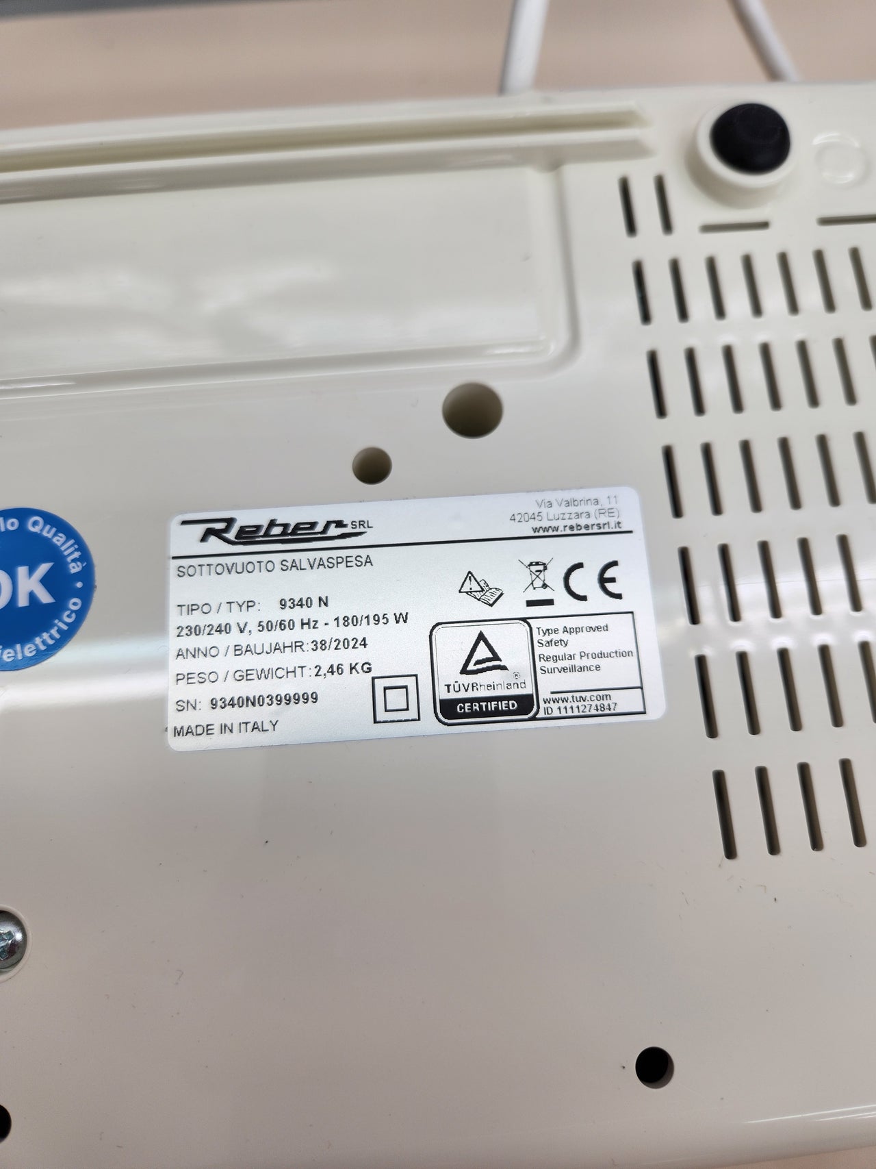 Envasadora al Vacío Automático Reber 9340N 18Lt/Min, 250W, Aparato de  Salvaspesa,-830MB, , Color Blanco