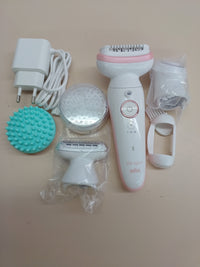 Thumbnail for Braun Silk-épil 9 SkinSpa - Set todo en uno, depiladora para mujer, depiladora de larga duración, cabezal de afeitado, cabezal de masaje, color blanco y rosa